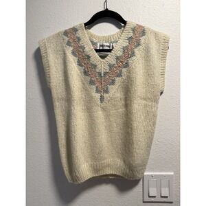 VTG Hand Knit Sweater Vest Cottagecore Cream Ivory V Neck Women's Size Small